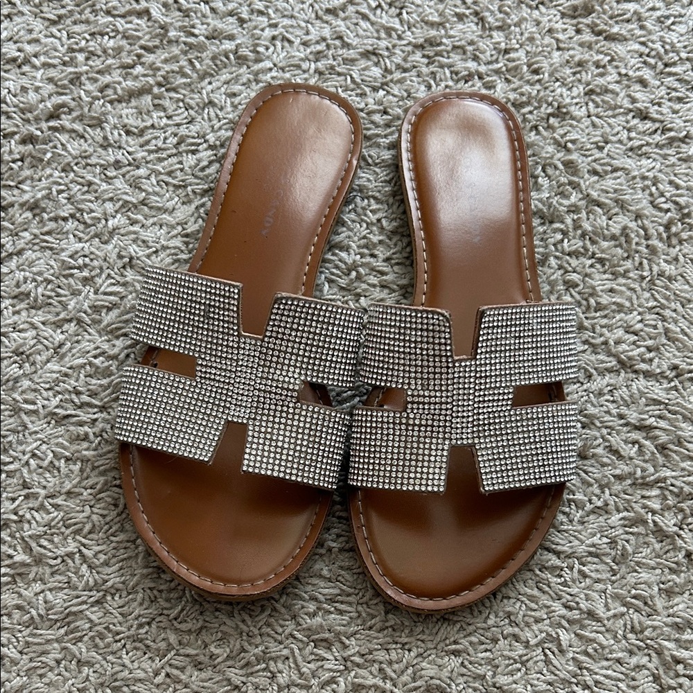 Rock & Candy Tan and Silver Slide Sandals